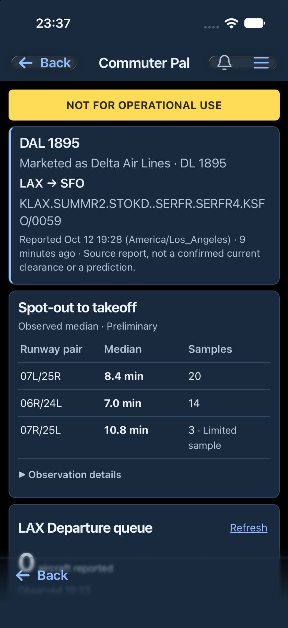 Commuter Pal Airport Live showing flight route information, observed taxi-out times and LAX departure queue