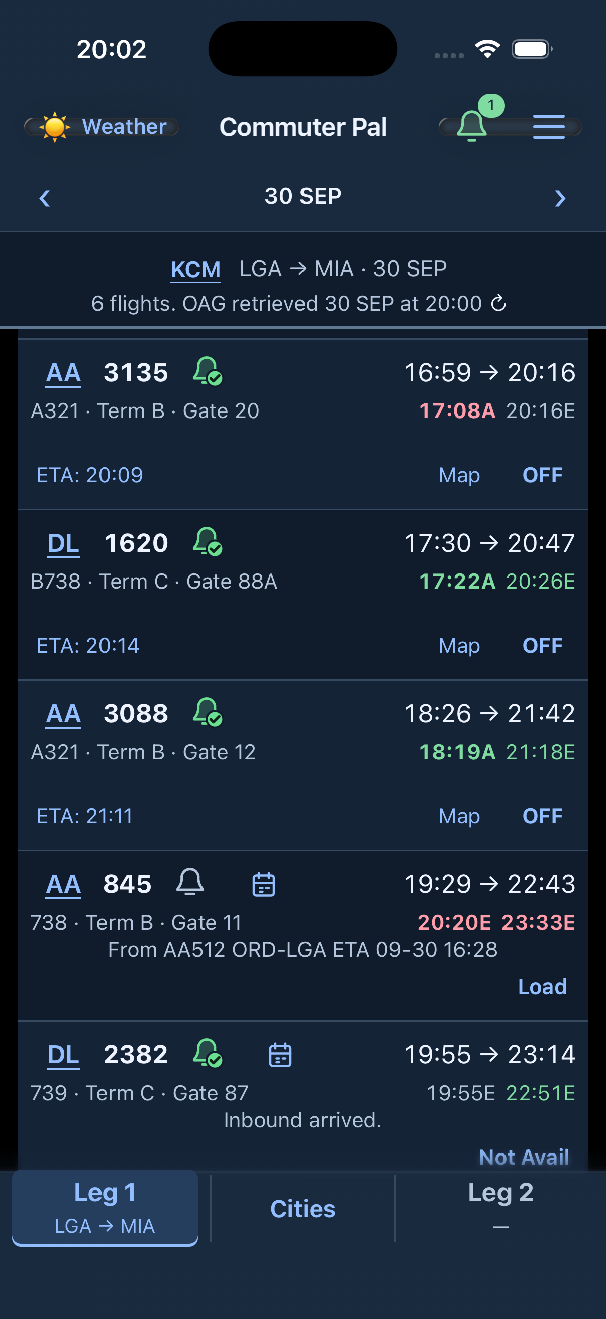 Commuter Pal iPhone flight results screen